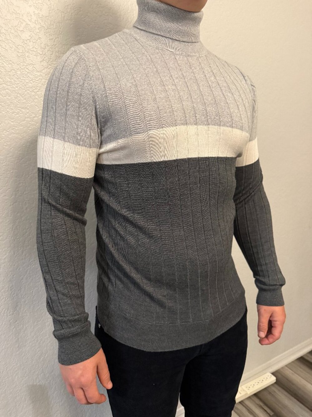 Bottega Veneta Knit Turtle Neck Sweater (Gray & Cream Stripe)